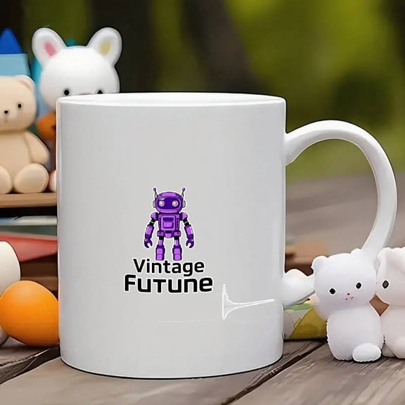 1pc 11oz dishwasher-safe white ceramic mug with retro-futuristic purple robot and “Vintage Future” print, reusable multi-use cup for hot & cold coffee tea. Unique sci-fi novelty gift for Christmas, b