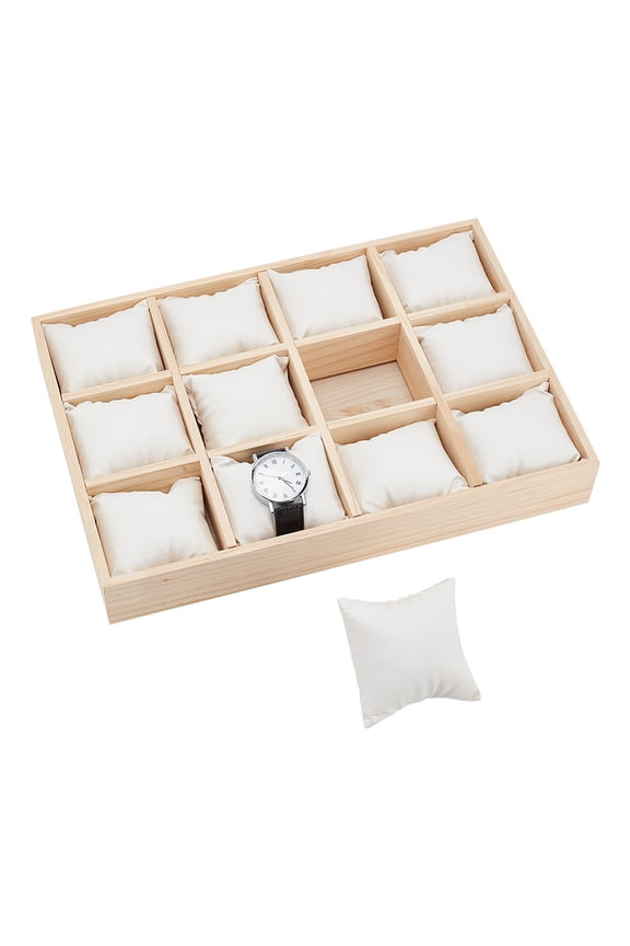 1pc 12 Slots Wooden Watch Organizer Tray Watch Display Holder with Removable PU Leather Pillows Stackable Jewelry Bracelet Storage Tray for Drawer Watch Display Showcase White