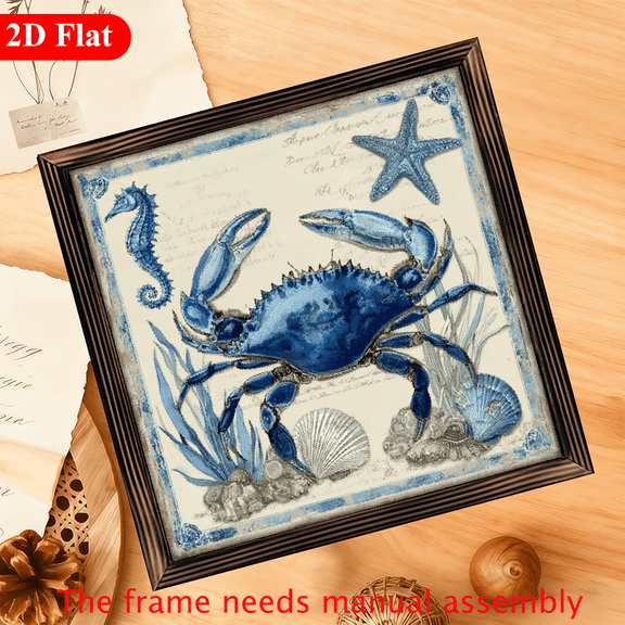 1pc 12x12 Inch Nautical Wall Plaque - Blue Crab Seahorse Framed Coastal Art, Marine Life Sea Chart Decor with Starfish Shells for Home, Kitchen, Bathroom, Beach House - Easy Hang Ocean Theme