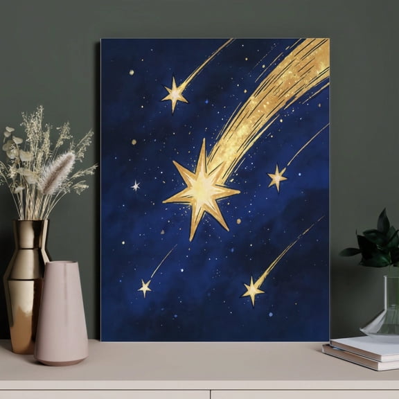 1pc/12x16 Inch Celestial Golden Shooting Stars Canvas Wall Art With Inner Frame, Dreamy Dark Blue Starry Night Painting, Magical Space Themed Wall Decor For Bedroom, Kids Room, Nursery