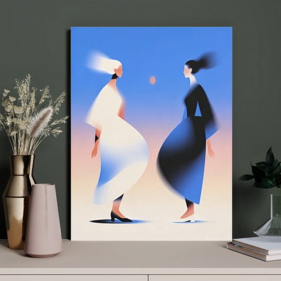 1pc/12x16 Inch Framed Abstract Wall Art - Minimalist Dancing Figures In Black & White On Blue Pink Gradient Background Canvas Print For Living Room Bedroom Decor"