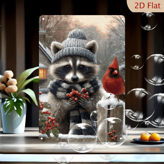 1pc 12x8 Inch Aluminum Rustic Raccoon Cardinal Tin Sign - Winter Snow Scene with Berries, Knit Hat Scarf, Mixed Color Metal Wall Art for Home, Christmas Holiday Decor, Home Decoration Cozy Aesthetic