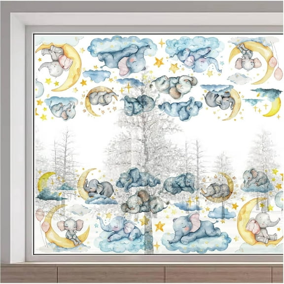 1pc 15x46inch Large Sleeping Elephant Window Sticker Star Cloud Balloon Animal Glass Decals Static Removable Collision Window Cling Film Decoration for Stop Birds Strikes Home Decor