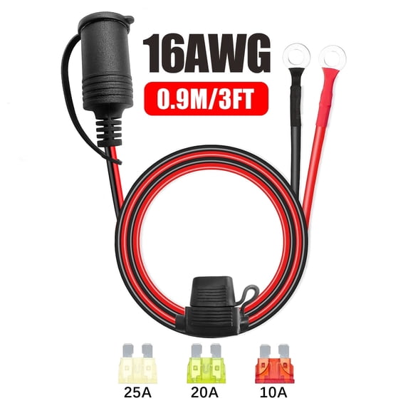 1pc 16AWG Cigarette Lighter Female Plug Extension Cable to O Ring Terminal Connector, Direct Battery Type car Adapter with Blade fuse for Car Marine Truck ATV RV 0.9M/3FT
