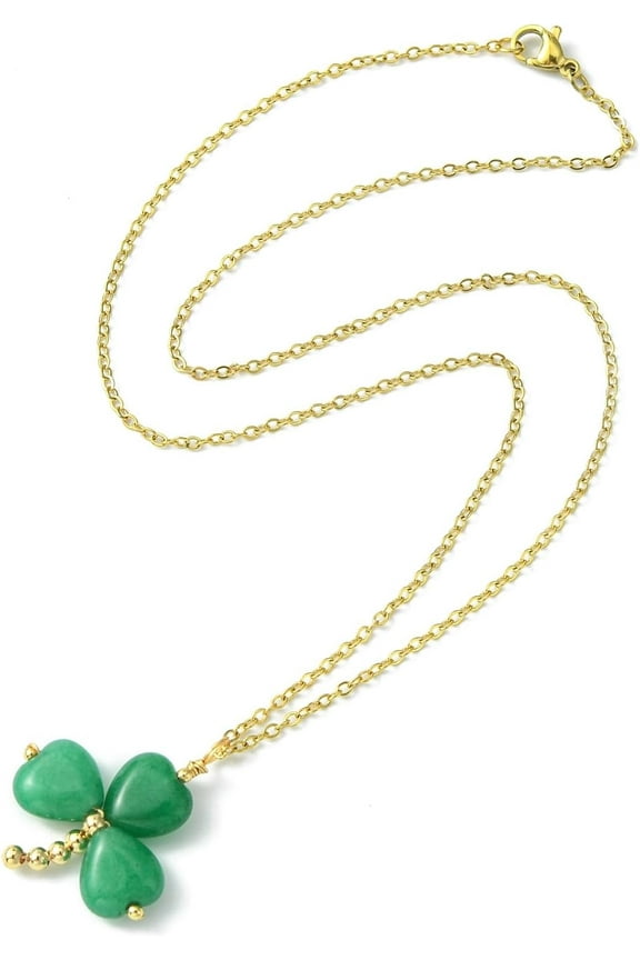 1pc 17.56 inch Saint Patrick's Day Clover Pendant Necklace with 304 Stainless Steel Chain Made with Natural Malaysia Jade Pendant Size 1.18x1.02 inch Stainless Steel Color for Men and Women