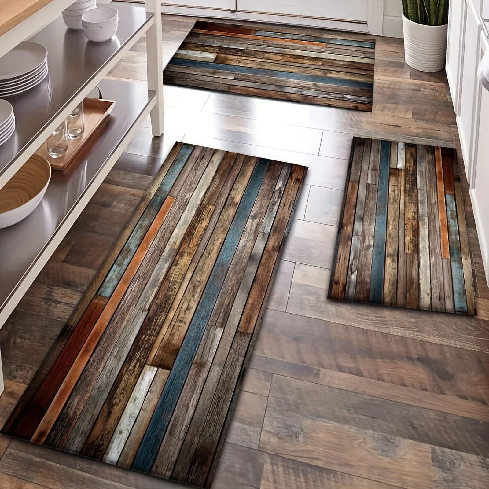 1pc 18"x60" Crystal Velvet Mat - Anti-Slip Thickened Comfort Floor Mat with Vintage Wood Grain Design, Machine Washable Rubber Backing for Kitchen, Bathroom, Living Room, Bedroom, Office - Home Decor