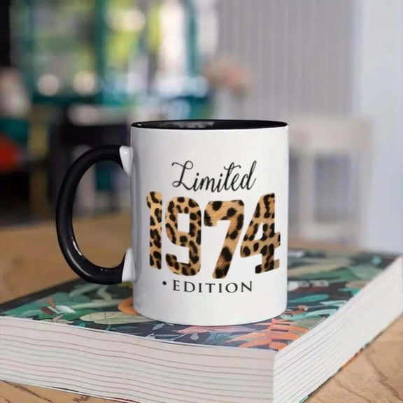 1pc 1974 Leopard Print Limited Edition Mug 11oz Ceramic Coffee Cup with Black Handles Hand Wash Only Unique Birthdays Weddings Holidays Office Home Use Coffee Bar Accessories Weddi