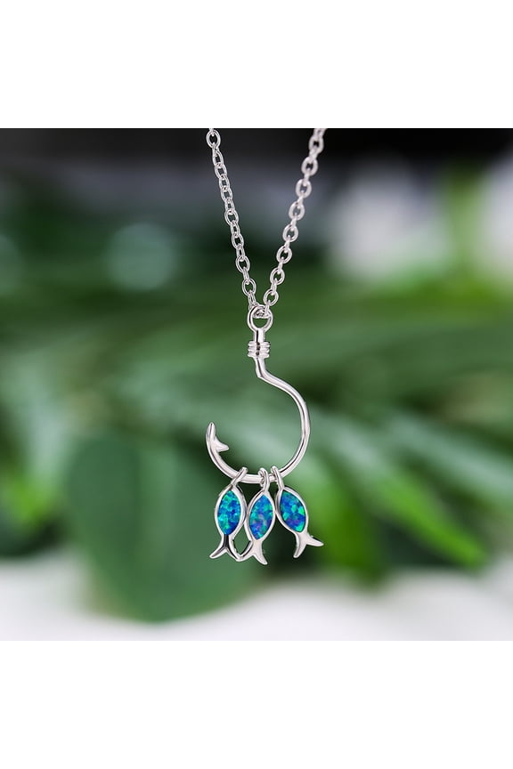 1pc 1pc 3-Fish & Fishhook Brass with Opal Pendant Necklaces Platinum Royal Blue 18.90 inch(48cm)