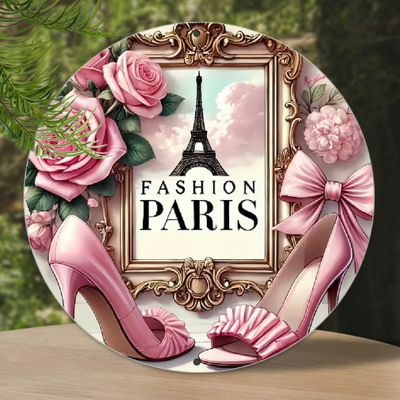 1pc 1pc Elegant Paris Fashion 8x8 Aluminum Wall Plaque - Chic High Heels & Roses Design with Eiffel Tower View, Waterproof & Fade-Resistant Metal Decor for Home, Office, Bathroom, Paris Room Decor Rou
