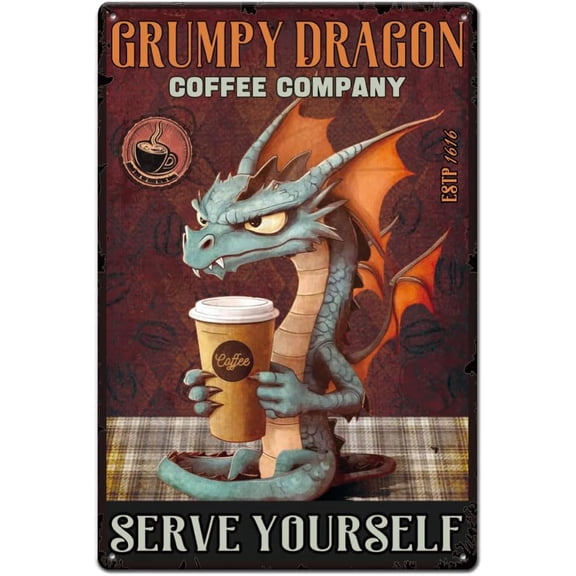 1pc 1pc Vintage Metal Tin Sign 11.81x7.87 Inches Retro Iron Dragon Coffee Sign Rusty Look Grumpy Dragon Poster for Cafe Restaurant Bathroom Kitchen Living Room Home Art Wall Decoration