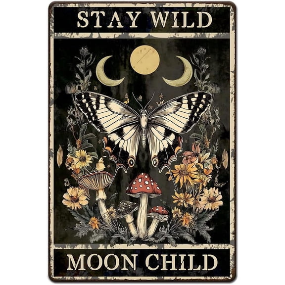 1pc 1pc Vintage Metal Tin Sign 8x12 inch Retro Iron Butterfly Flower Sign Rusty Look Stay Wild Moon Child Poster for Home Office Kitchen Farmhouse Cafe Garden Wall Decor Colorful