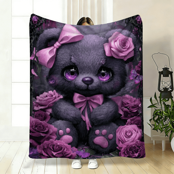 1pc 1pcs Cute Bear Blanket with Bow Accent - Soft Flannel Bedspread Suitable for Sofas, Beds, Travel Camping - Lightweight Warm Bedding, Cozy ' Bedcover, Portable for s , Durable Fabric