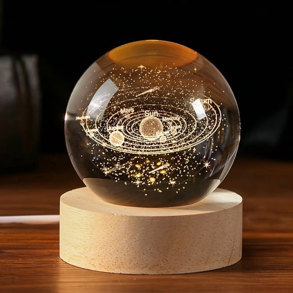 1pc 2.36 IN 3D Solar System Crystal Ball Night Light, Wooden Light Base, Astronomy Planet Model, Educational Gift for Birthday Graduation & Back To School