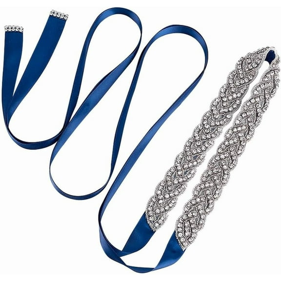 1pc 2.95 Yards Rhinestone Bridal Belt 0.7" Width Crystal Bridesmaid Sash Adjustable Wedding Belts Handcrafted Sparkle Dress Belt for Wedding Party Prom Evening Gown Marine Blue