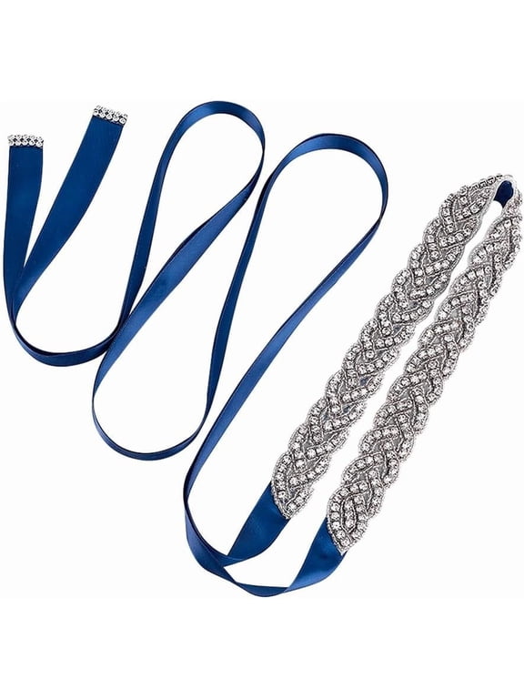1pc 2.95 Yards Rhinestone Bridal Belt 0.7" Width Crystal Bridesmaid Sash Adjustable Wedding Belts Handcrafted Sparkle Dress Belt for Wedding Party Prom Evening Gown Marine Blue