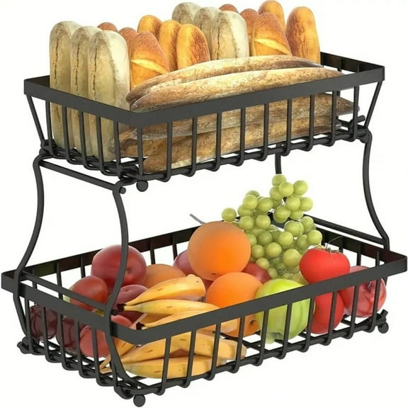 1pc 2 Layers Fruit Basket For Kitchen Countertop, Vegetable Bread Basket, Fruit Tray Storage Rack, Removable Metal Rectangular Wire Basket, Kitchen Supplies