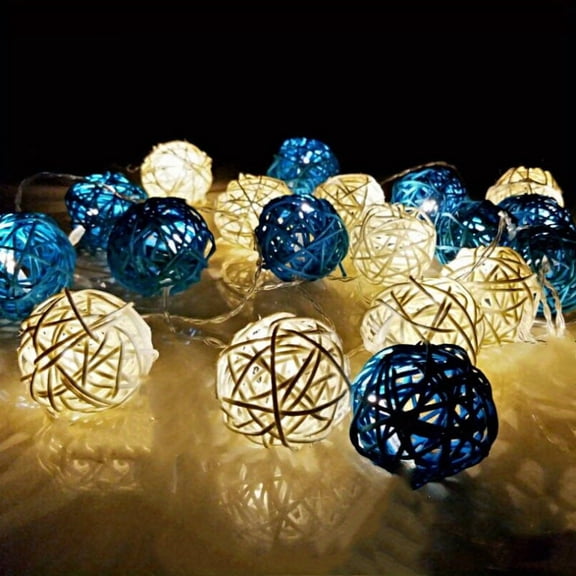 1pc 2 Meters 20 Lights Blue White Rattan Ball String Lights, Holiday, , Thanksgiving , Wedding, Party Rope Lights, Battery Operated Outdoor Decorative Lights