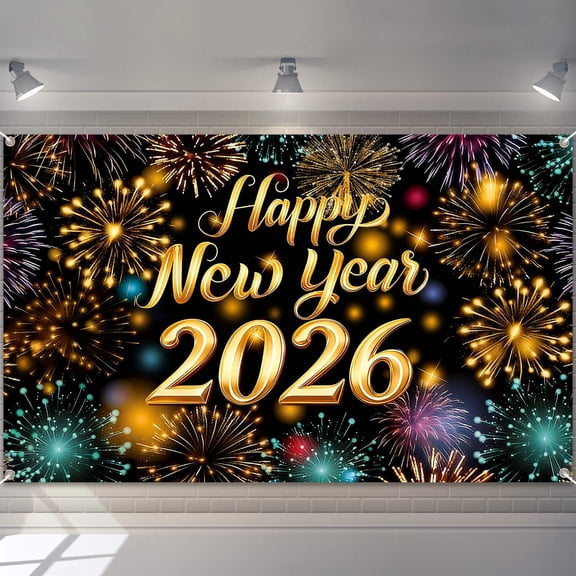 1pc 2026 Happy New Year 110x185cm Banner Backdrop Firework Sign Poster Background Banner for 2026 New Year Party Decorations