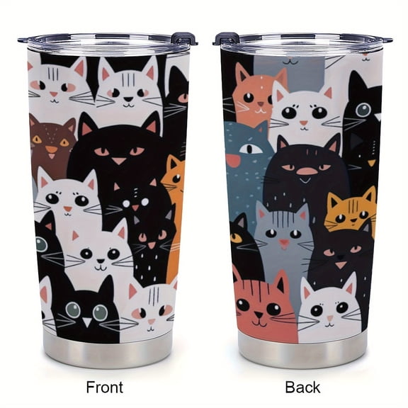 1pc 20oz Stainless Steel Car Cup, Cute Little Cat Print Design, Double-walled Vacuum Insulated Travel Coffee Cup, Gift For Car Outdoor Tumbler Cup Summer Winter Drinkware, Home Kitchen Items Back To S