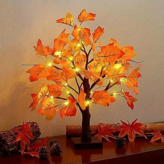 1pc 24 LED Fall Tree Lighted Maple Tree, Thanksgiving Decoration Maple Leaf Table Tree, Fall Decor Lights for Indoor Outdoor Holiday Autumn Harvest Xmas Party Home Decor