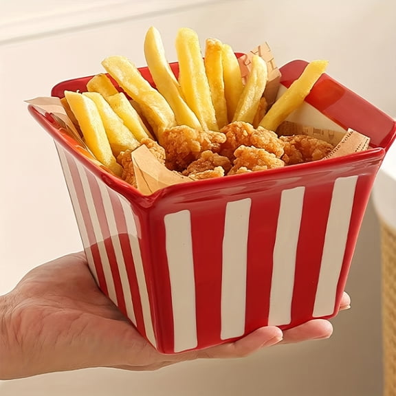 1pc 25.36oz Cartoon Striped Ceramic Fries Bucket, an Essential Popcorn Tool for Home Movie Watching, a Snack Storage Bucket for The Living Room, Suitable for Home Organization Or Decorative Display