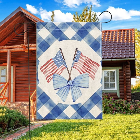 1pc 250th Anniversary Blue and White Checkered Flag-Themed Garden Flag, Holiday Gift, Outdoor Decoration, Crossed Flag Bow Pattern, Independence Day Yard Decoration Flag, 12x18 inches, Double-Sided