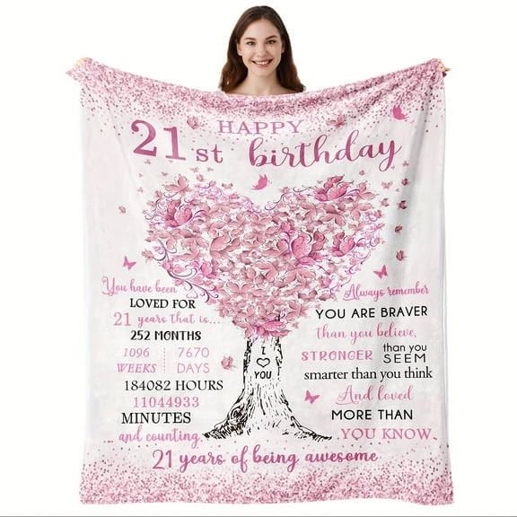 1pc 280g 21st Birthday Gift Blanket for Her - Purple Floral Heart Tree Design with Inspirational Quotes, Soft Flannel All-Season Throw, Machine Washable Keepsake for 21 Year Old Women