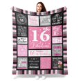 thumbnail image 1 of 1pc 280g Sweet Sixteen Birthday Blanket for Girls - Cozy Flannel Throw with Inspirational Messages, Pink & Black Checkered Design, Perfect Gift for 16th Milestones, All-Season Use, 1 of 6