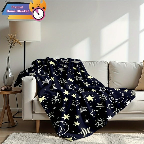 1pc 280gsm Celestial Star Moon Patterned Flannel Blanket {Bohemian} Bedroom Decoration and Accessories Aesthetic Room Decor Festival Gifts Soft Cozy Printed Family Bedroom Dormitory Quilt Set