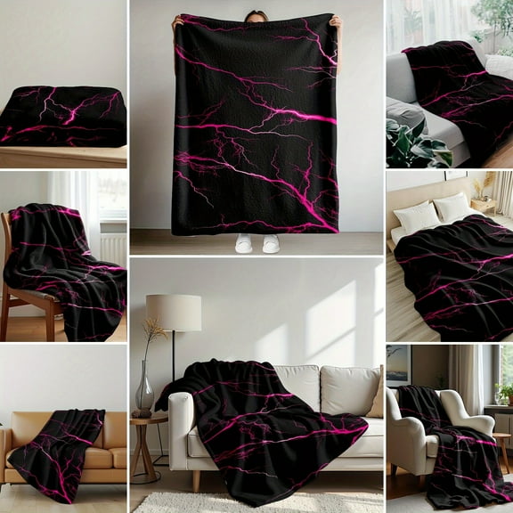 1pc 280gsm Lightning Bolt Pattern Flannel Blanket - Pink & Black Contemporary Design, All-Season Multi-Use for Sofa, Bed, Car, Outdoor - Soft Warm Gift Idea, Throw Blanket for Couch, Cozy Textile