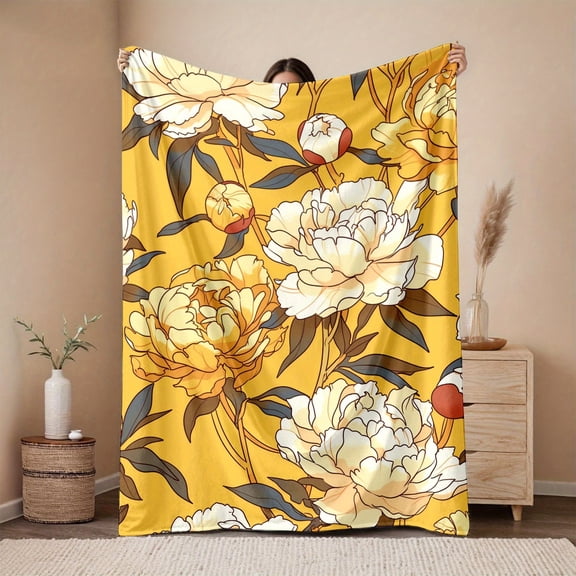 1pc 280gsm Soft Yellow Peony Floral Patterned Flannel Blanket - Bohemian Style, Aesthetic Room Decoration, Festival Gift, Family Bedroom Dormitory Quilt Set, All-Season Use, Polyester 100, Digital Pr