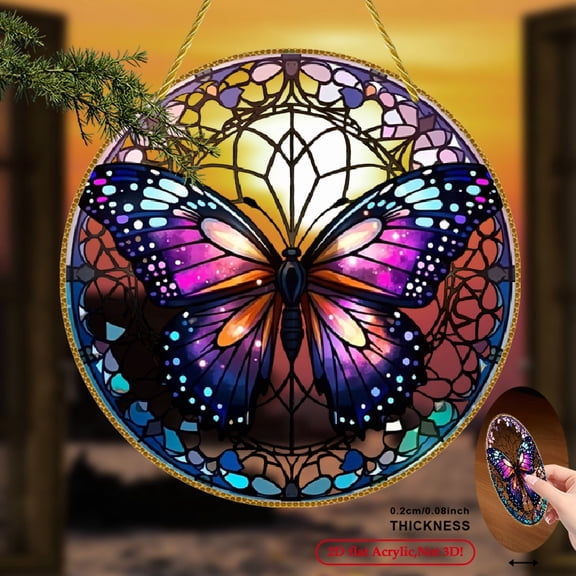 1pc 2D Acrylic Round Wall Hanging 8in Butterfly Stained Design, Vibrant Purple, Black & Orange Colors, Perfect for Living Room, Bedroom, or Holiday Decor, Butterfly Decorations.