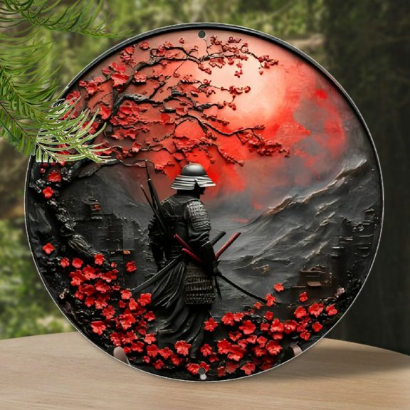 1pc, 2D Aluminum Metal Flat Sign, Japanese Samurai Theme Round Wreath Sign for Kitchen Coffee Home Living Room Office Wall Decor Art, Ideal Halloween and Christmas Gift, 8x8 Inch
