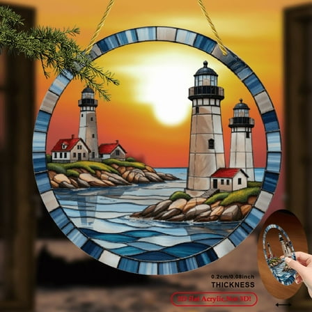 1pc 2D Flat Acrylic Serene Coastal Lighthouses Scene Wall Hanging Intricate Details, Harmonious Colors, Perfect for Home or Window Decor, Vibrant Blue & White Design, 8*8inch