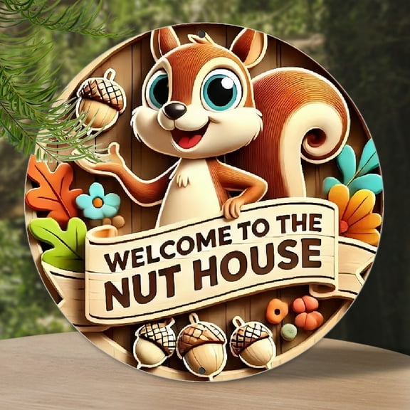 1pc 2D Flat Charming Squirrel Welcome Sign - 8 Round Aluminum Plaque, Colorful Acorn & Leaf Design, Durable IndoorOutdoor Wall Art for Home, Garden, Cafe, Ideal Holiday Gift, Squirrel Gifts Circular