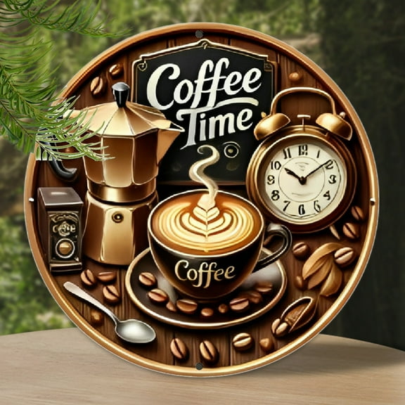 1pc, Coffee Time Wall Decor Sign, 8x8 inches (20x20 cm), 2D Round Aluminum Metal Plaque, Festive Indoor/Outdoor Decor for Farmhouse, Restaurant, Garden, Bar, Cafe, Gym, Artisan Craft Tool, Aluminum