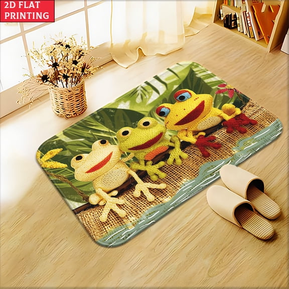 1pc of a 2D Flat Doormat Featuring Three Yellow Frogs, Made of Non-Slip Microfiber. This Absorbent Polyester Rug Is Machine Washable And Suitable for Use in Bedrooms, Living Rooms, Entrances