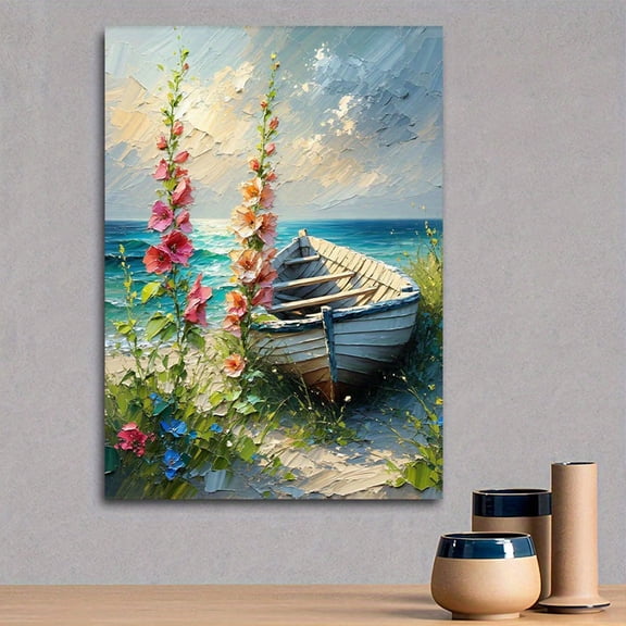 1pc 2D Flat Framed Canvas Wall Art | Coastal Painting Canvas Print Vibrant Hollyhocks, Beach Boat & Ocean View, Impressionist Style Home Decor For Living Room, Bedroom, Perfect Gift For Housewarming