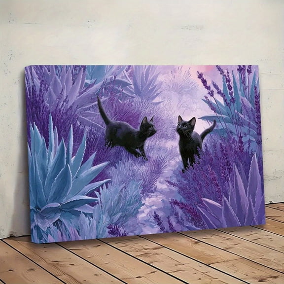 1pc 2D Flat Framed Canvas Wall Art | Two Black Cats Playing in Lava, Dramatic Kitten Play with Lava Flow, Modern Office Decor Suitable for Living Room, Bedroom, Cafe - Ideal Gift for Lovers