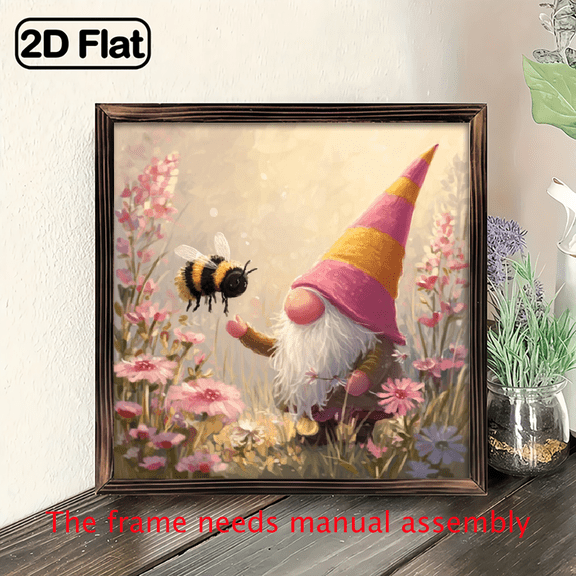 1pc 2D Flat Gnome With Bee Wood Framed Sign, Garden Theme Wall Decoration for Spring, Home, Entryway, Office, Easter Gifts, 8x8 inch.