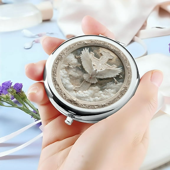 1pc 2D Flat Mini Foldable Round Makeup Mirror with Dove Cross Design - Portable Compact Travel Mirror, No Battery Needed, Polished Glass Detailed Engraving for On-the-Go Beauty, Makeup Mirrors
