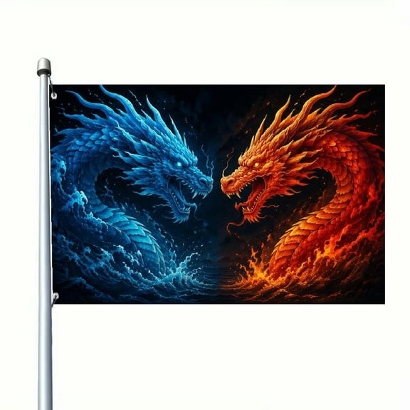 1pc 2D Flat Mythical Dragons Artwork Double-Sided Flag Striking Blue Fiery Orange Banner Home Decor Wall Art Halloween Thanksgiving Christmas 3x5 Feet Or 2x3 Feet