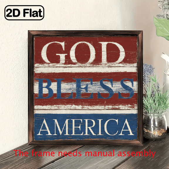 1pc 2D Flat Patriotic Wooden Plaque - God Bless AmericaRustic Sign In RedWhiteBlue - Vintage Home Decor Wall Art for Living Room, Office, for Man Cave - Farmhouse Style American Flag Gift 8*8in