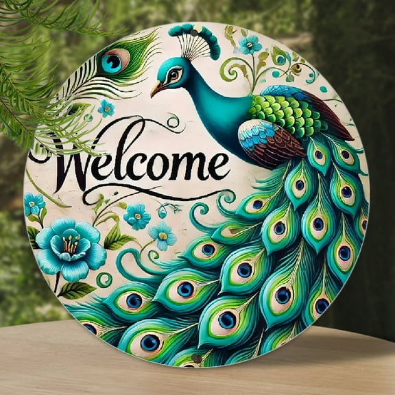 1pc 2D Flat, Peacock Welcome Sign - 8x8 Inch Durable Aluminum Wall Art with Vibrant Blue and Green Feather Design, Easy to Hang, Perfect for Home, Office, Kitchen, Unique Gift Idea, Office Artwork