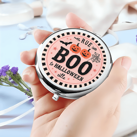 1pc 2D Flat Portable Folding Round Makeup Mirror Featuring I RULE THE BOO with Vibrant Jack-O'-Lanterns Bats And Spider Web Elements Perfect for Halloween Parties Fall Gatherings Road Trips Beauty