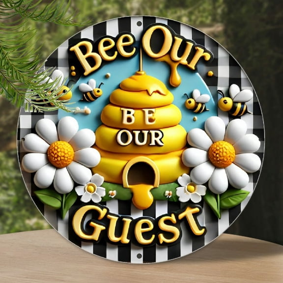 1pc, 2D Flat Print, 8x8 Inch Round Signs Wreaths Bees Our Guests Signs Bee Decorations Summer Signs Beehive Signs Wall Art Plaque Decorations Home Party Door Decorations Outdoor Indoor Wall Panel Mura