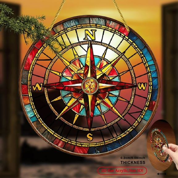 2D Flat 1pc Round Acrylic Nautical Compass Suncatcher Wall Hanging Sign, 8_ x 8_, Boho Style, with Spring and Summer Decoration, Everyday Use, for Housewarming Gift, Wreath Sign.