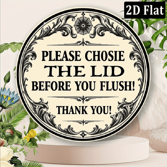 1pc 2D Flat Round Decorative Sign, Bathroom Etiquette Theme Please Put the Lid Down Before Flushing! Thank You!, 20x20cm (8x8 inch), Suitable for Outdoor and Indoor Decoration, Wall Art for