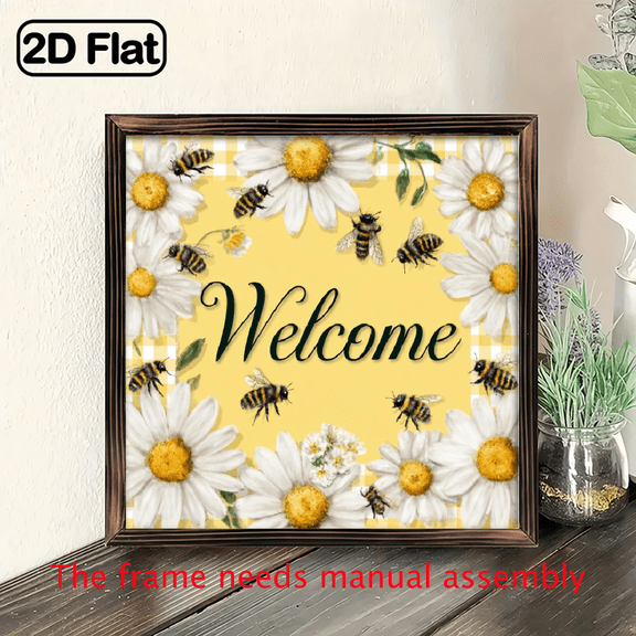 1pc 2D Flat Rustic Bee and Daisy Wall Sign Wood Framed Bee Daisy Floral Decor Suitable for Farmhouse, Porch, Garden - Contemporary Style, Reusable, 8x8 inch