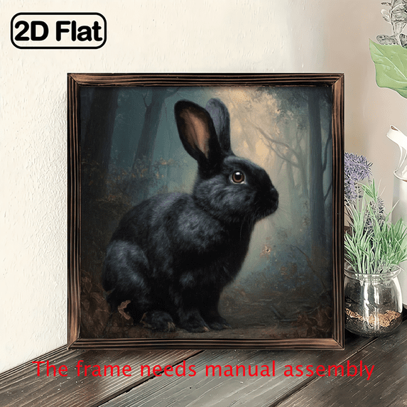 Rustic Black Rabbit in Forest Wood Framed Wall Hanging for Bedroom ...